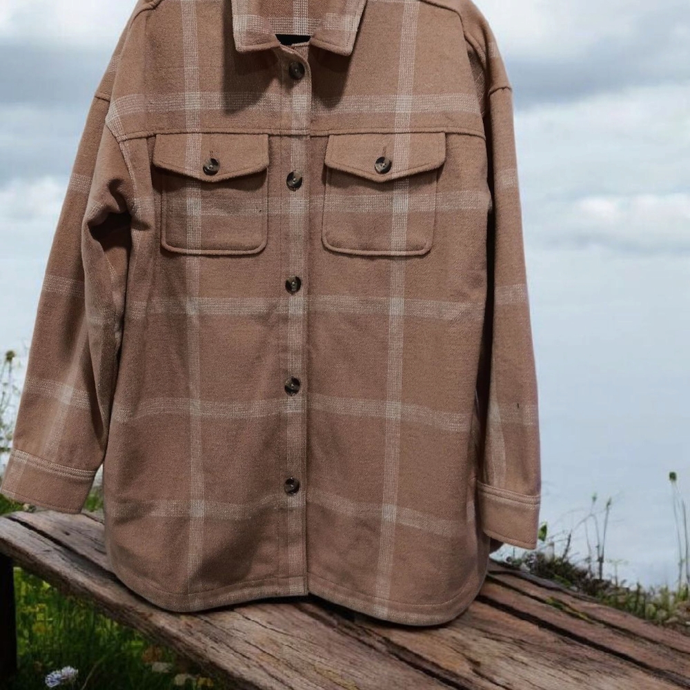 Tan Plaid Wool Button-Up Jacket